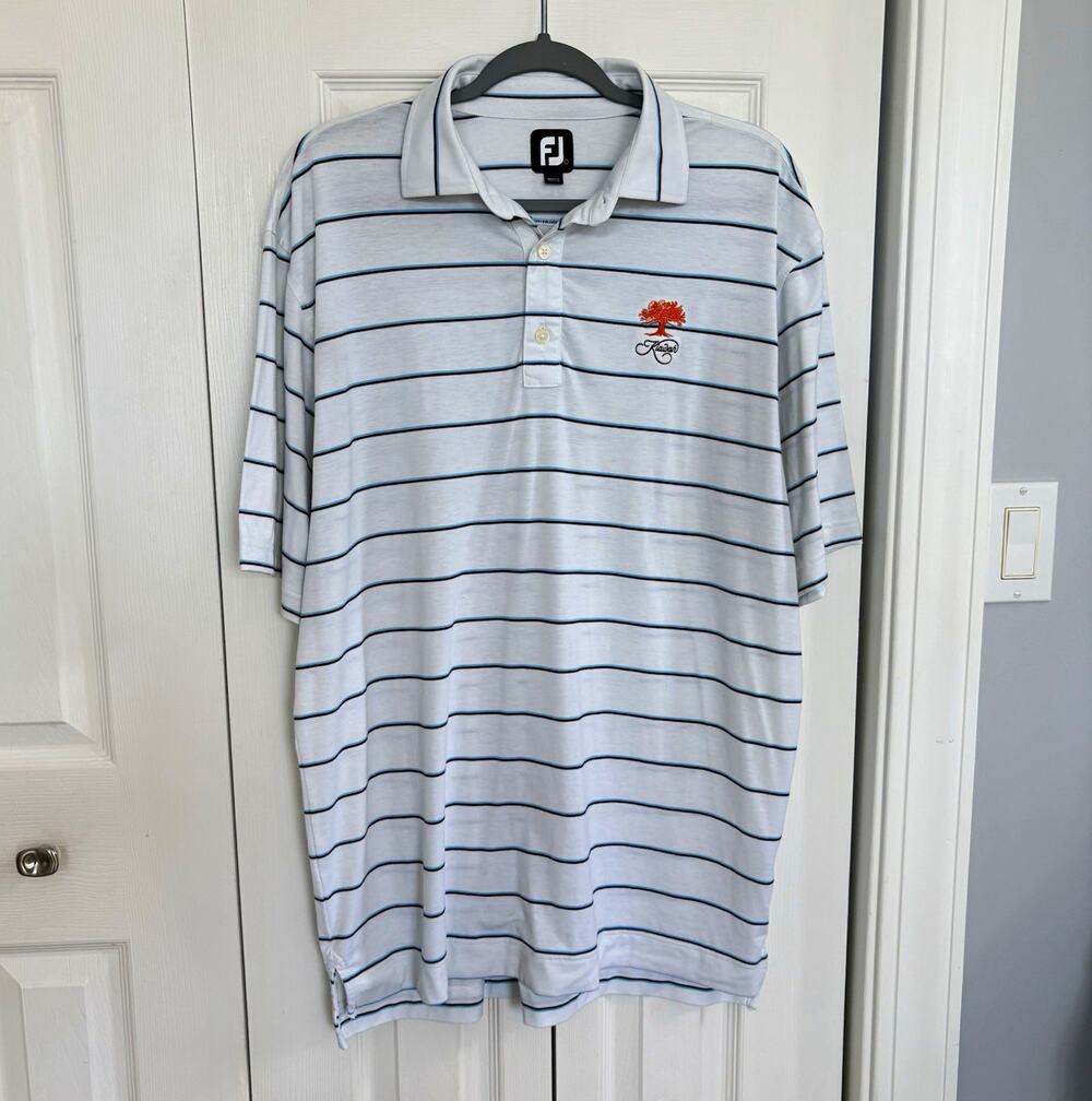FootJoy Men's L Striped Golf Polo Shirt White/Blue/Black Short Sleeve Stretch